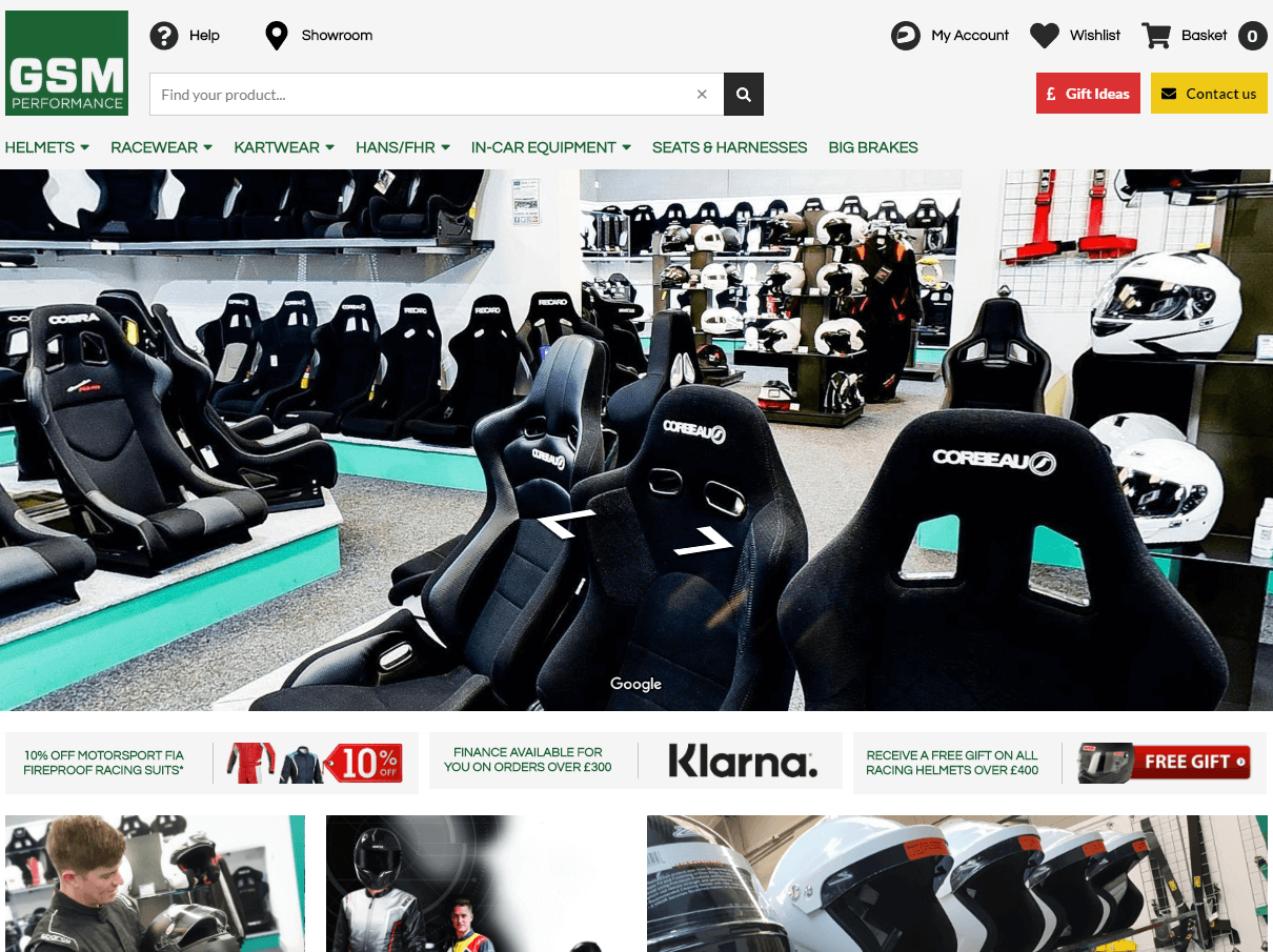 The GSM Performance racewear and helmets website