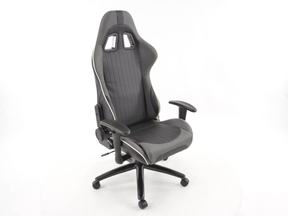 The FK Automotive Race Car Executive office chair in grey and black with white piping on a white background