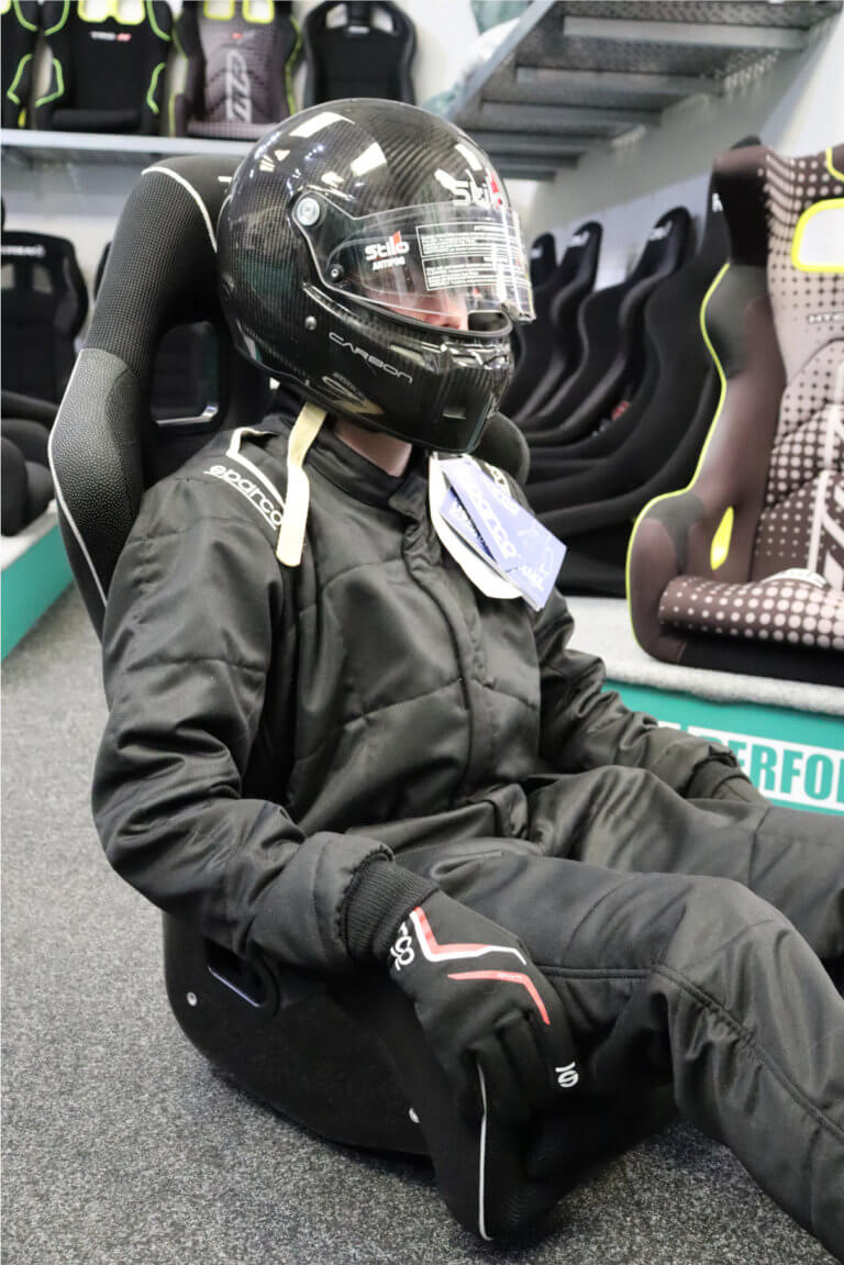 Driver of 5ft 10in and 32in waist sat in the standard OMP WRC-R, shoulders tucked inside the shoulder bolsters