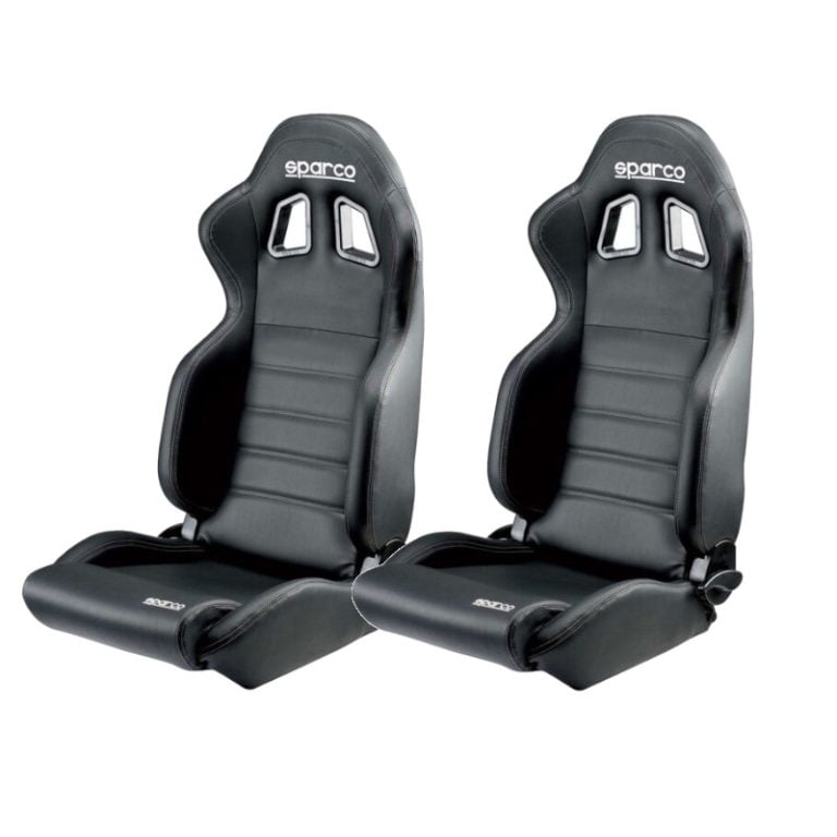 A pair of Sparco R100 reclining sport seats shown with the backrest tipped back
