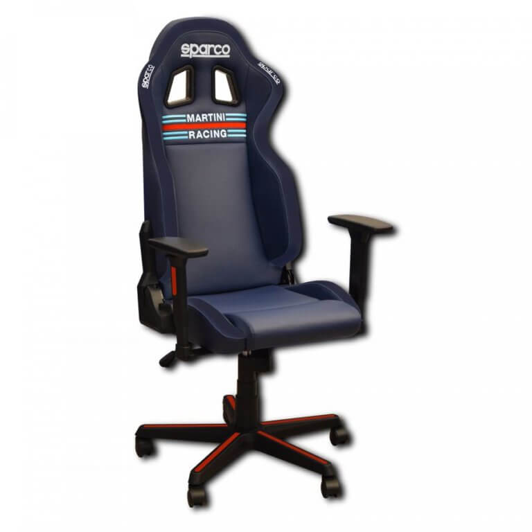 A Sparco Icon gaming chair in Martini Racing colours