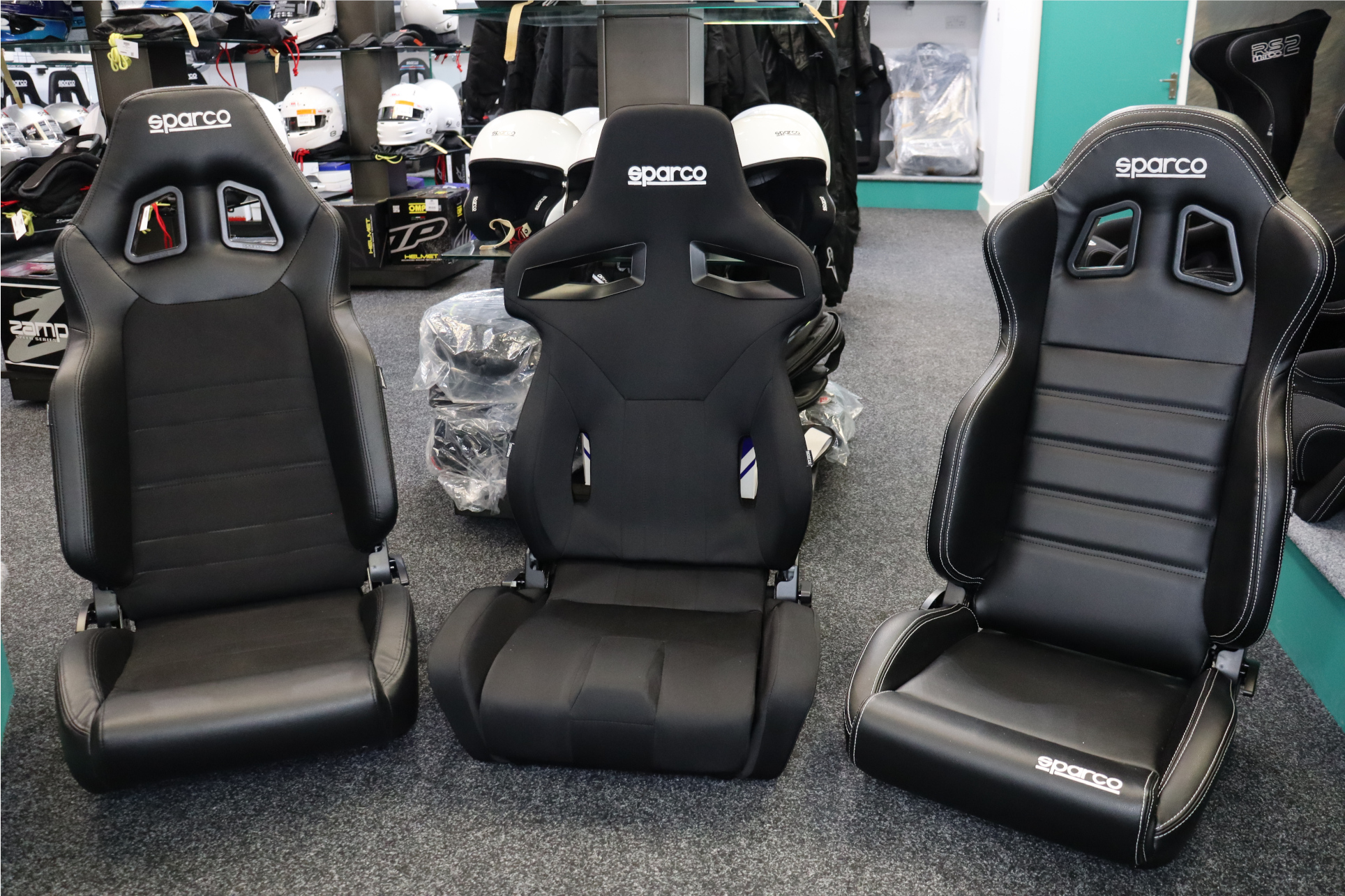 Sparco R100, R100 Plus and R333 reclining sport seats on display in the SportSeats4u showroom