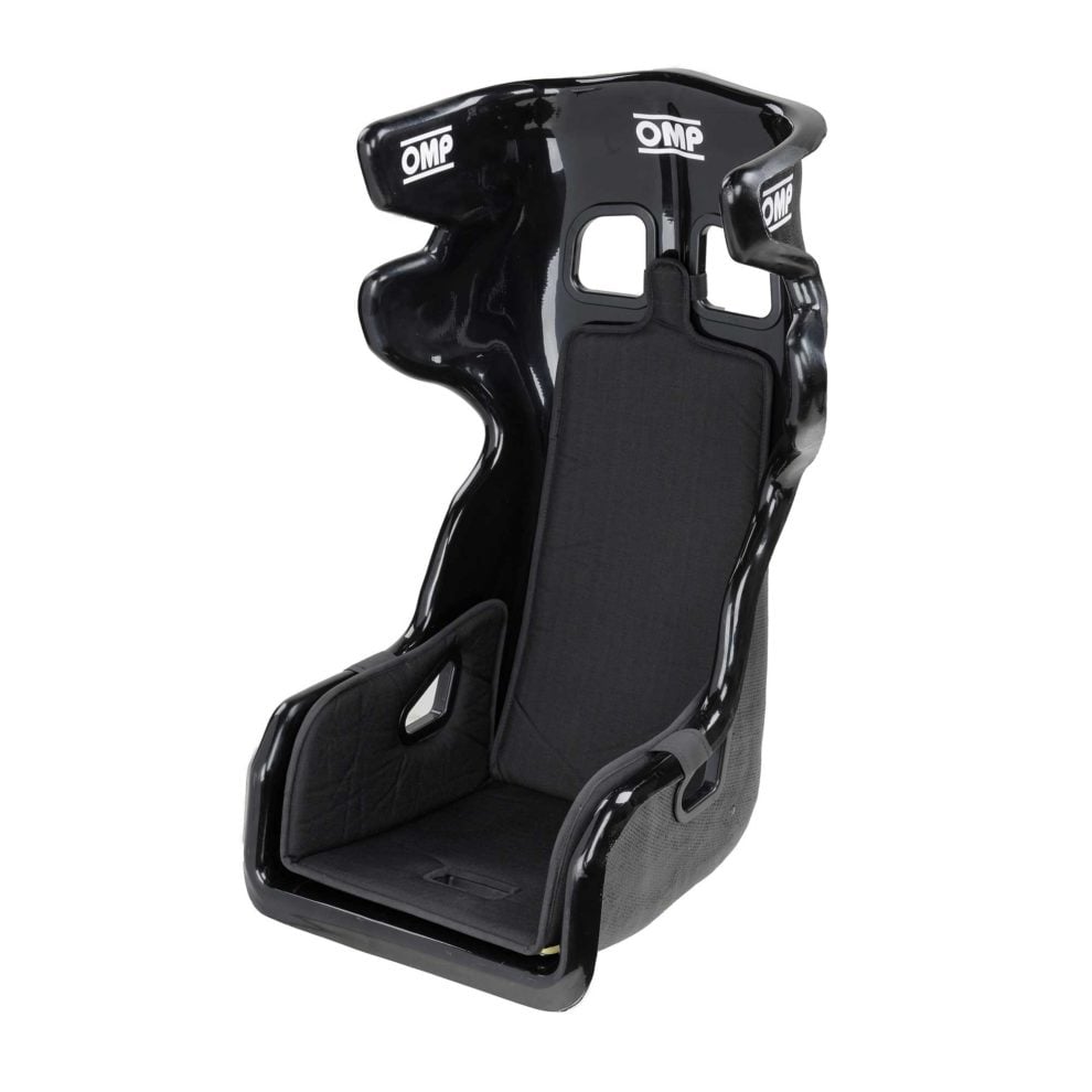 A black OMP HTE EVO fibreglass seat with head support wings, on a white background