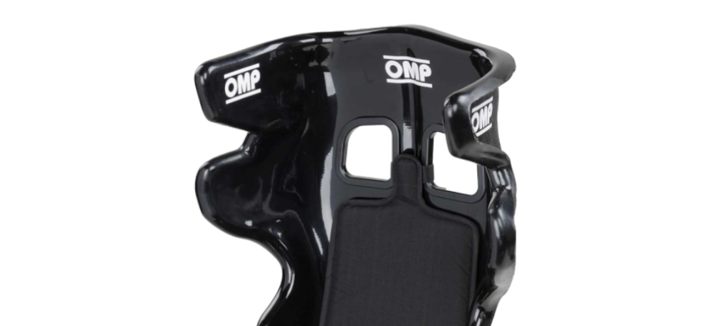The top of a black OMP HTE Evo fibreglass shell, showing the head support wings and harness slots