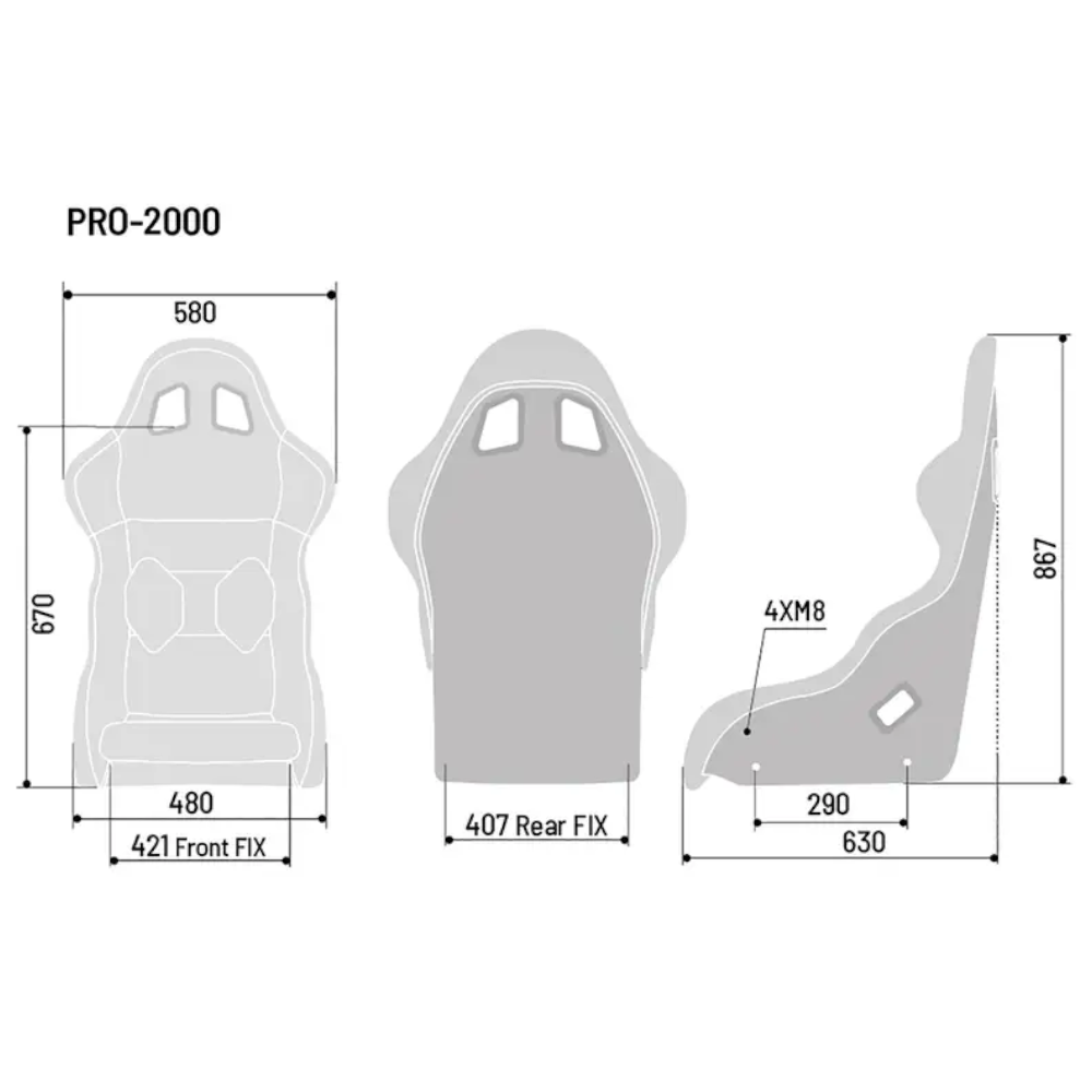 Sparco Pro 2000 QRT dimension drawing showing 421mm front FIX and 407mm rear FIX