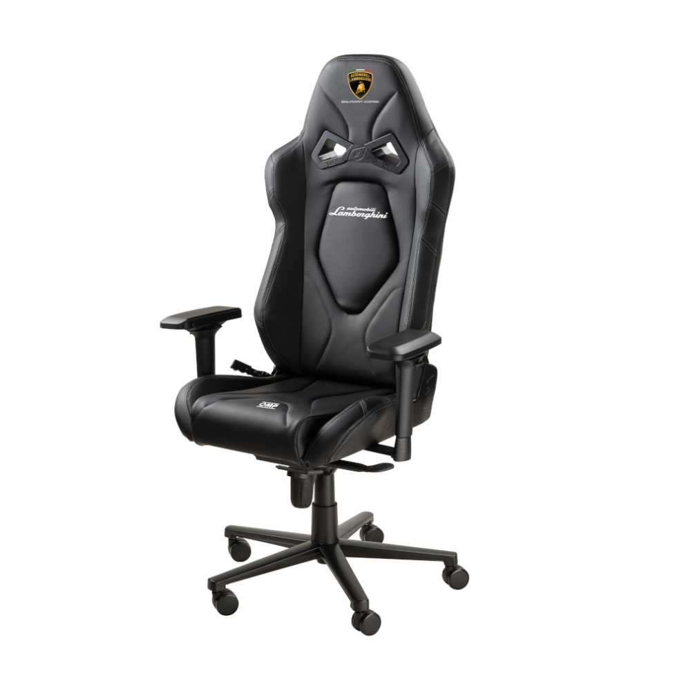 OMP GS office chair in black vinyl with Lamborghini logos on the headrest and backrest