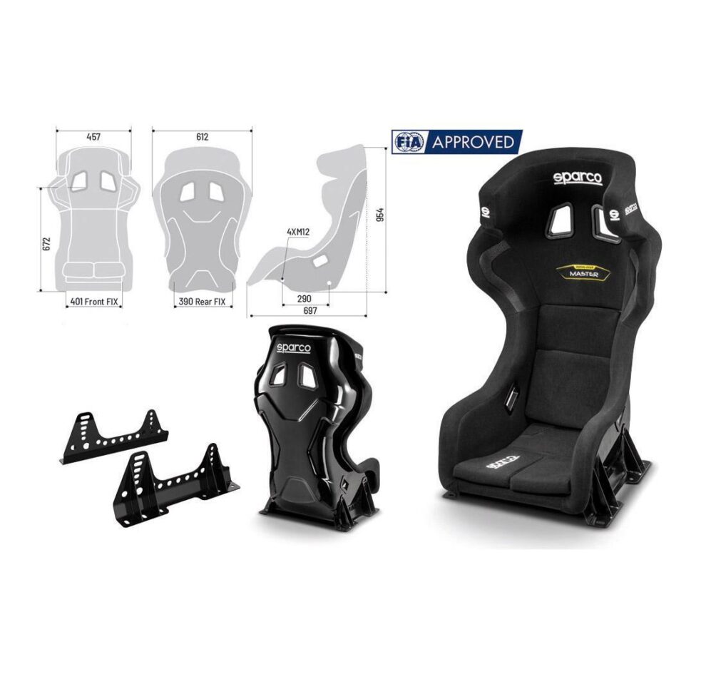 Sparco's dimension drawing of the Master seat showing 457mm, 612mm, 672mm, 954mm and 697mm measurements, with the seat and its side mounts