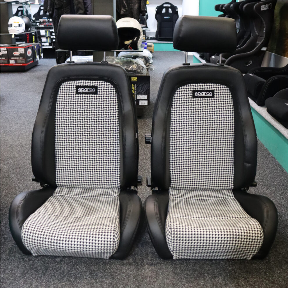 Sparco GT Houndstooth Edition reclining sport seat in the GSM Performance showroom