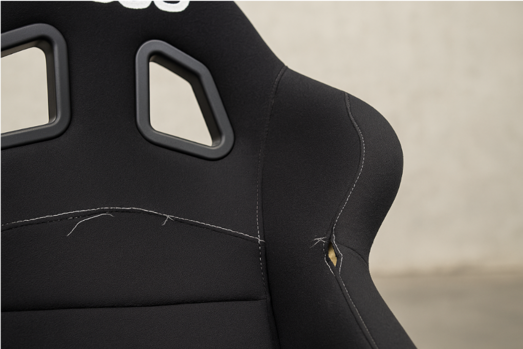 Split seam on the shoulder bolster of a black Sparco bucket seat