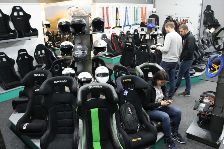Motorsport equipment on display in the GSM Performance showroom