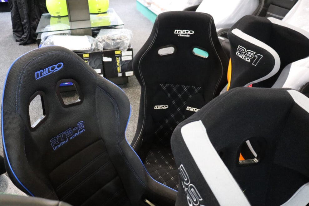Mirco bucket seats in the SportSeats4u showroom, including an RTS-2 Limited Edition with blue stitching, a Mirco Classic with diamond stitching and an RS1