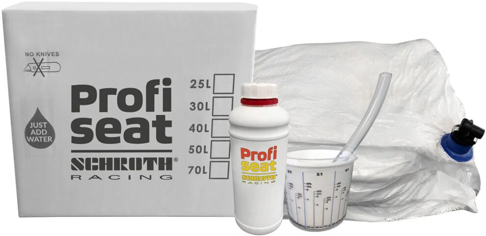 A Schroth Profi Seat kit box with the size boxes printed on it, a resin bottle, a mixing jug, a hose and a bag of white beads with a valve
