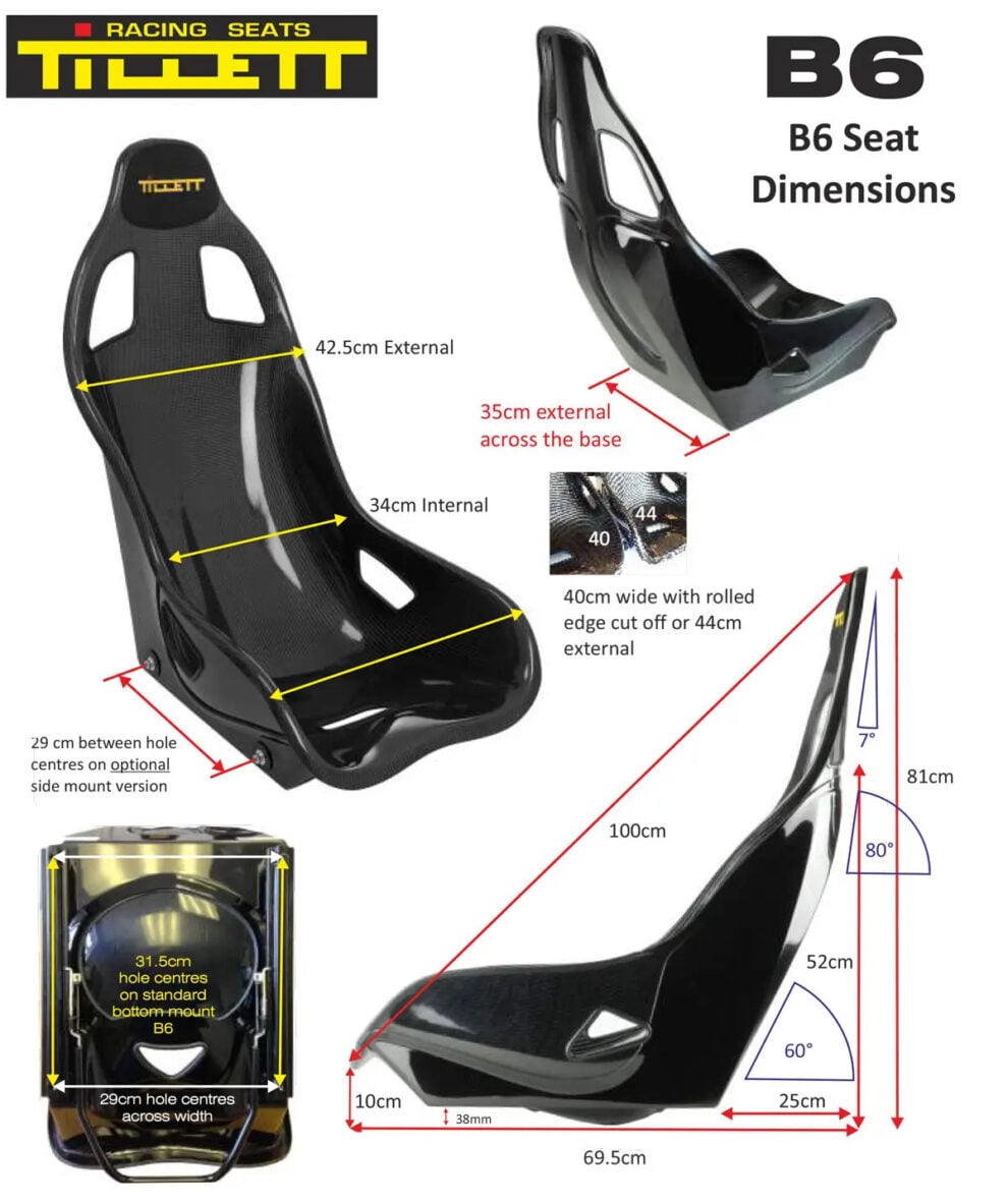 Tillett B6 dimension drawing showing 42.5cm external and 34cm internal across the shoulders, 35cm across the base, 40cm or 44cm width, 81cm tall and 69.5cm deep