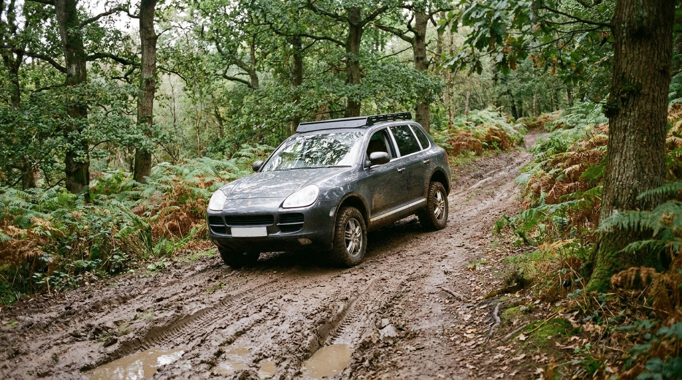 Lifted first generation Porsche Cayenne on a muddy green lane, illustration