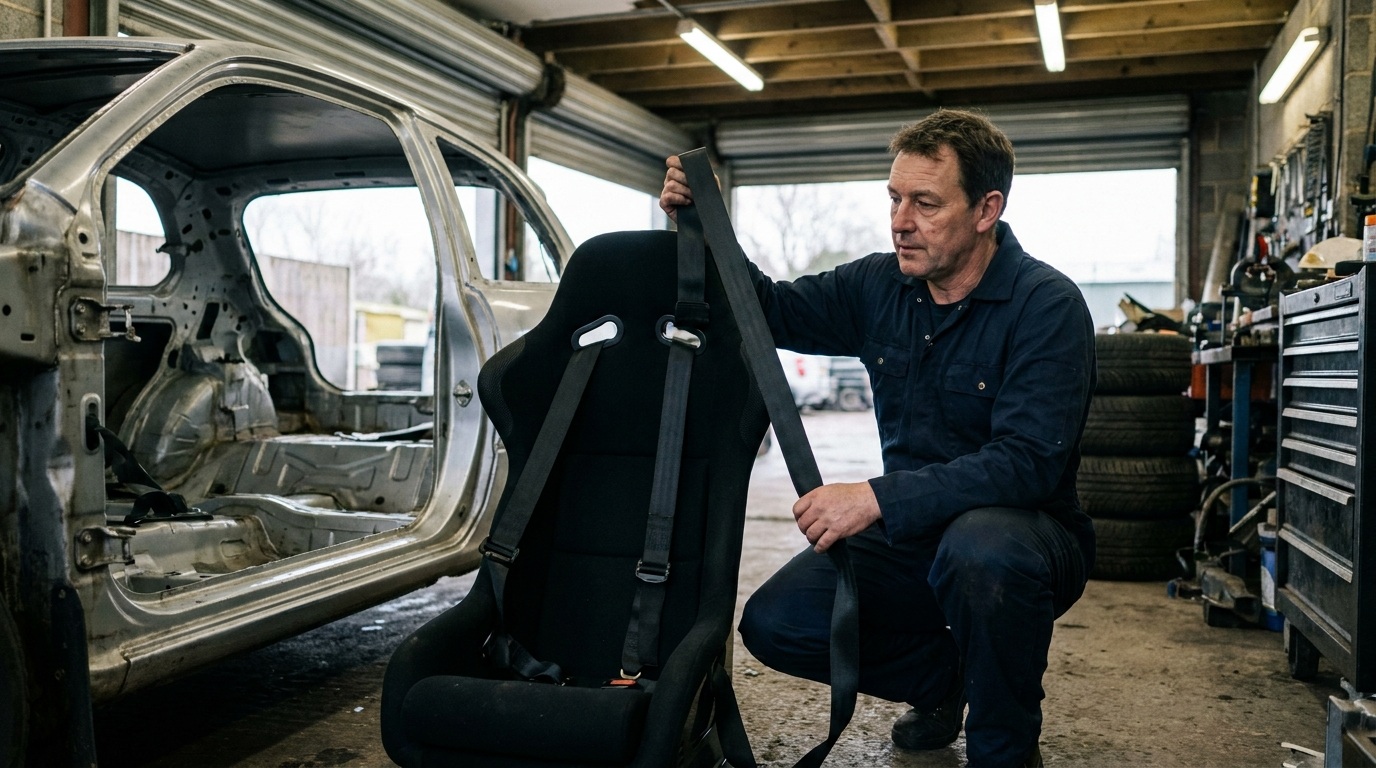 A man in a British workshop holding up a black harness shoulder strap beside a bucket seat fitted in a stripped-out shell