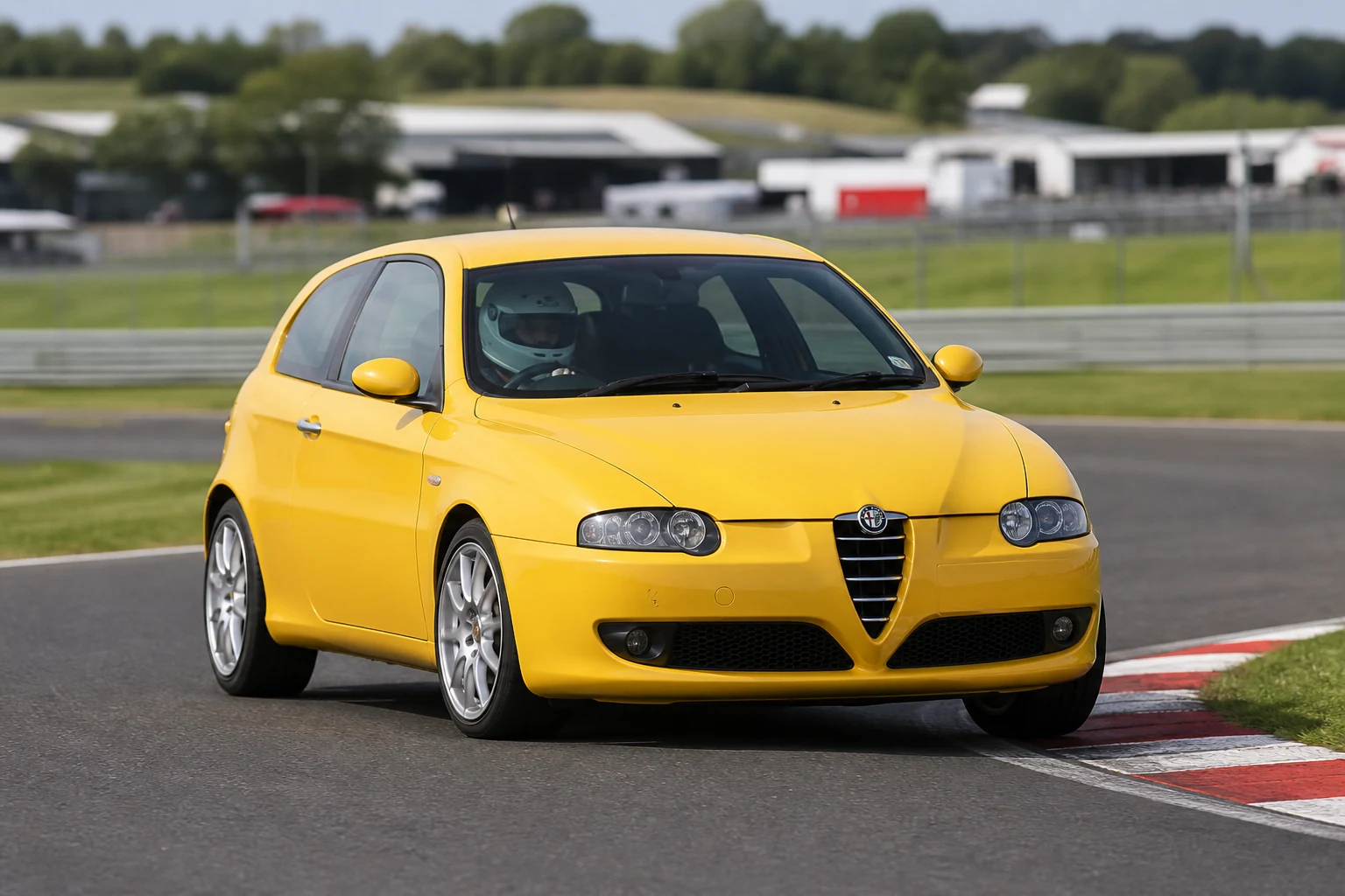 Alfa Romeo 147 on track with a helmeted driver