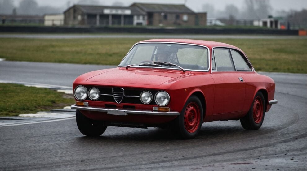 Red 1972 Alfa Romeo 1750 GTV 105 series coupe cornering at a historic race meeting on a British circuit
