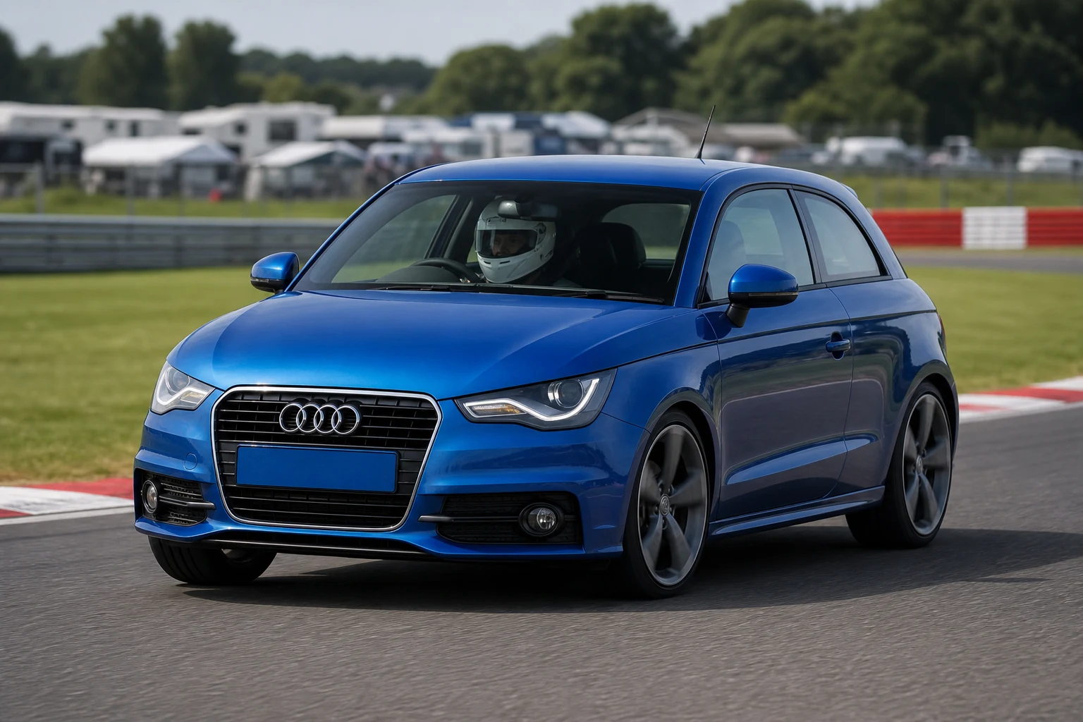 Audi A1 8X on track with a helmeted driver
