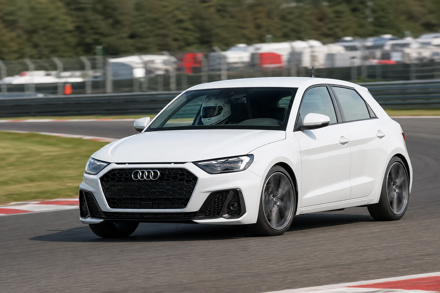 Audi A1 GB on track with a helmeted driver