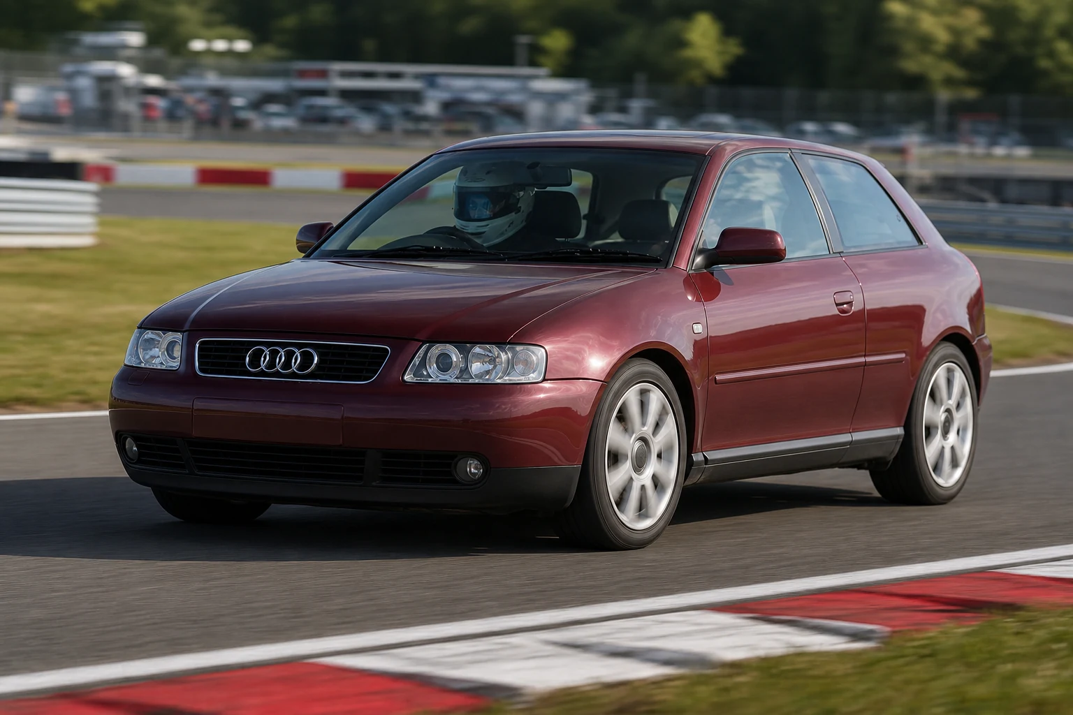Audi A3 8L on track with a helmeted driver