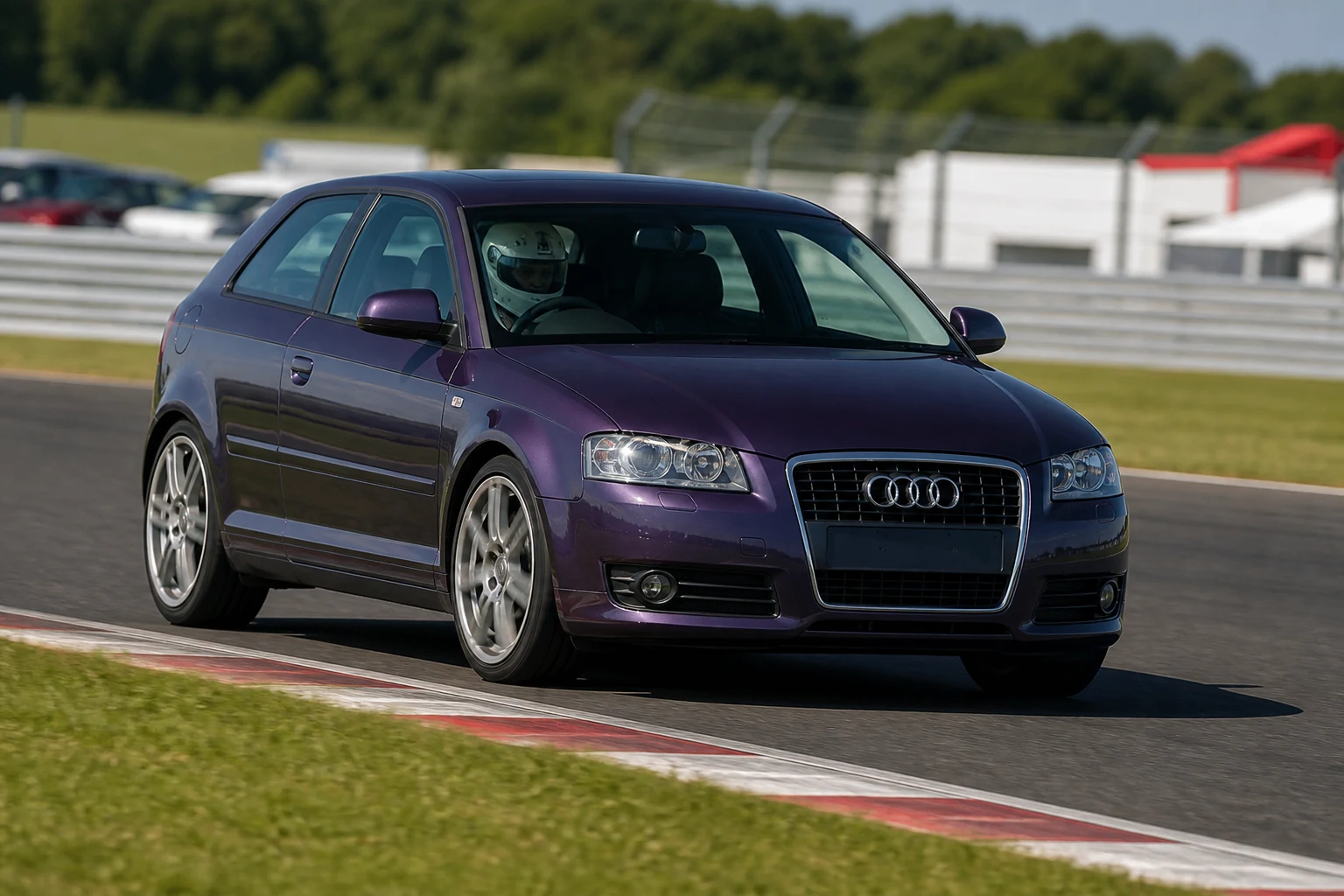Audi A3 8P on track with a helmeted driver