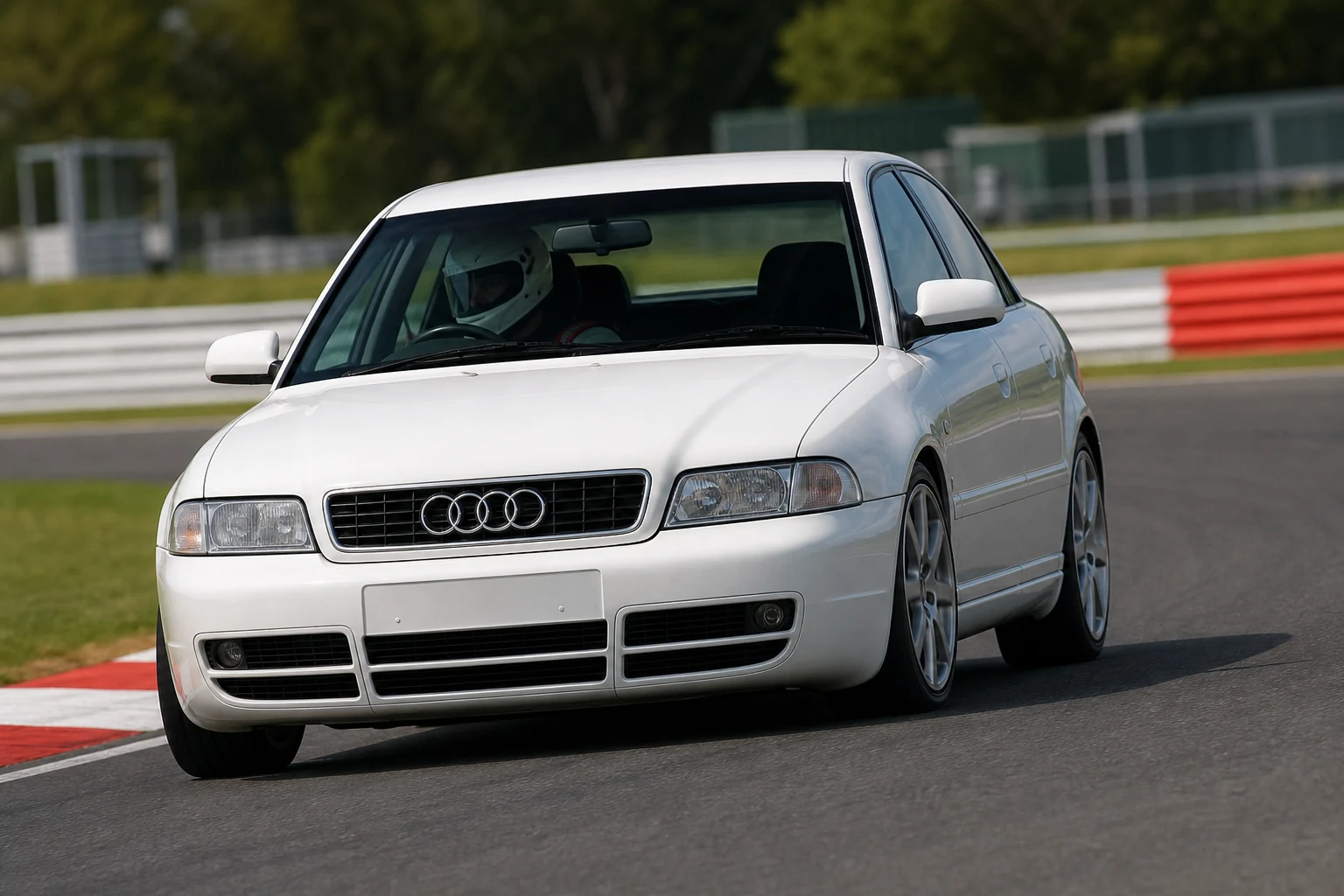 Audi A4 (B5-B8) on track with a helmeted driver
