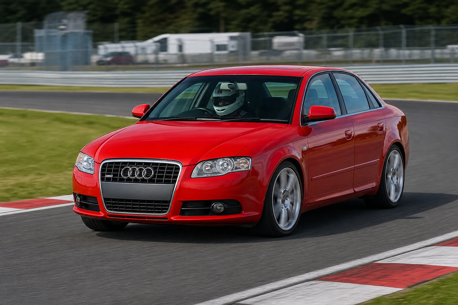 Audi A4 B7 on track with a helmeted driver