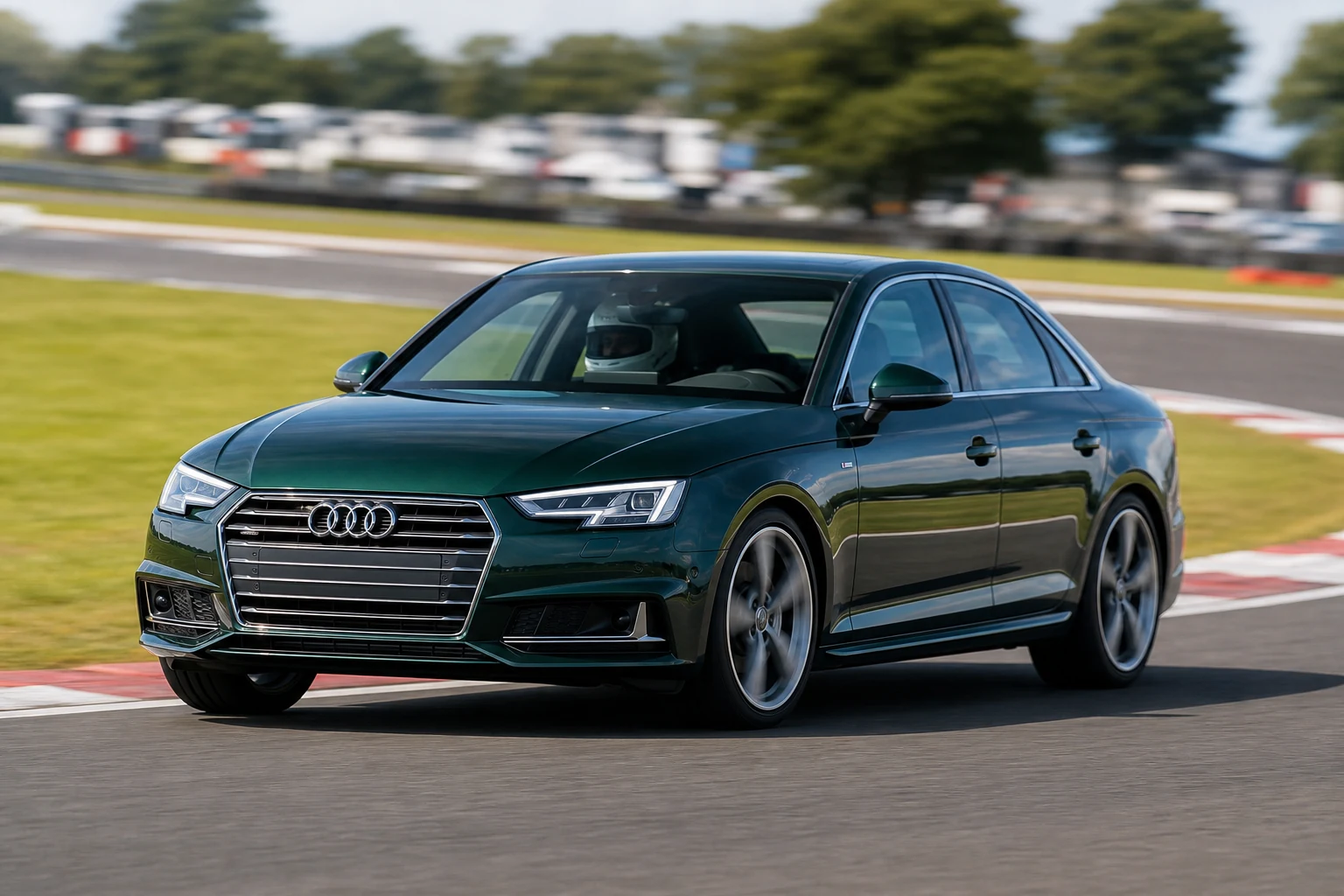 Audi A4 B9 on track with a helmeted driver