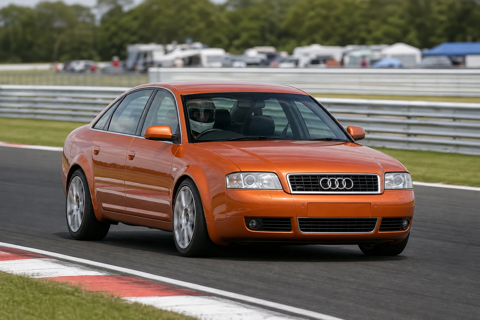 Audi A6 C5 on track with a helmeted driver