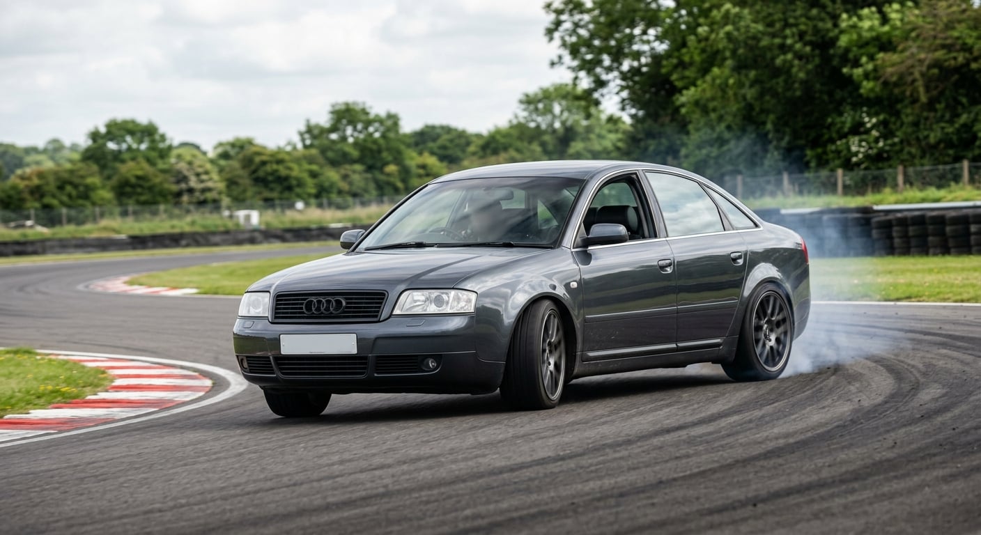 Dark grey Audi A6 saloon cornering on a British race circuit