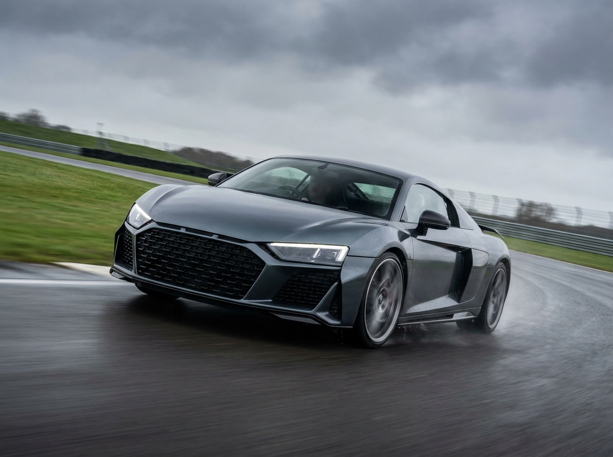 Audi R8 Gen 2 V10 cornering on a British race circuit