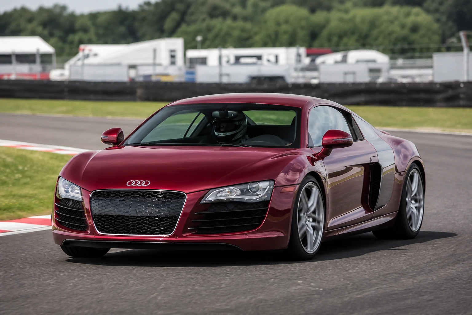 Audi R8 Type 42 on track with a helmeted driver