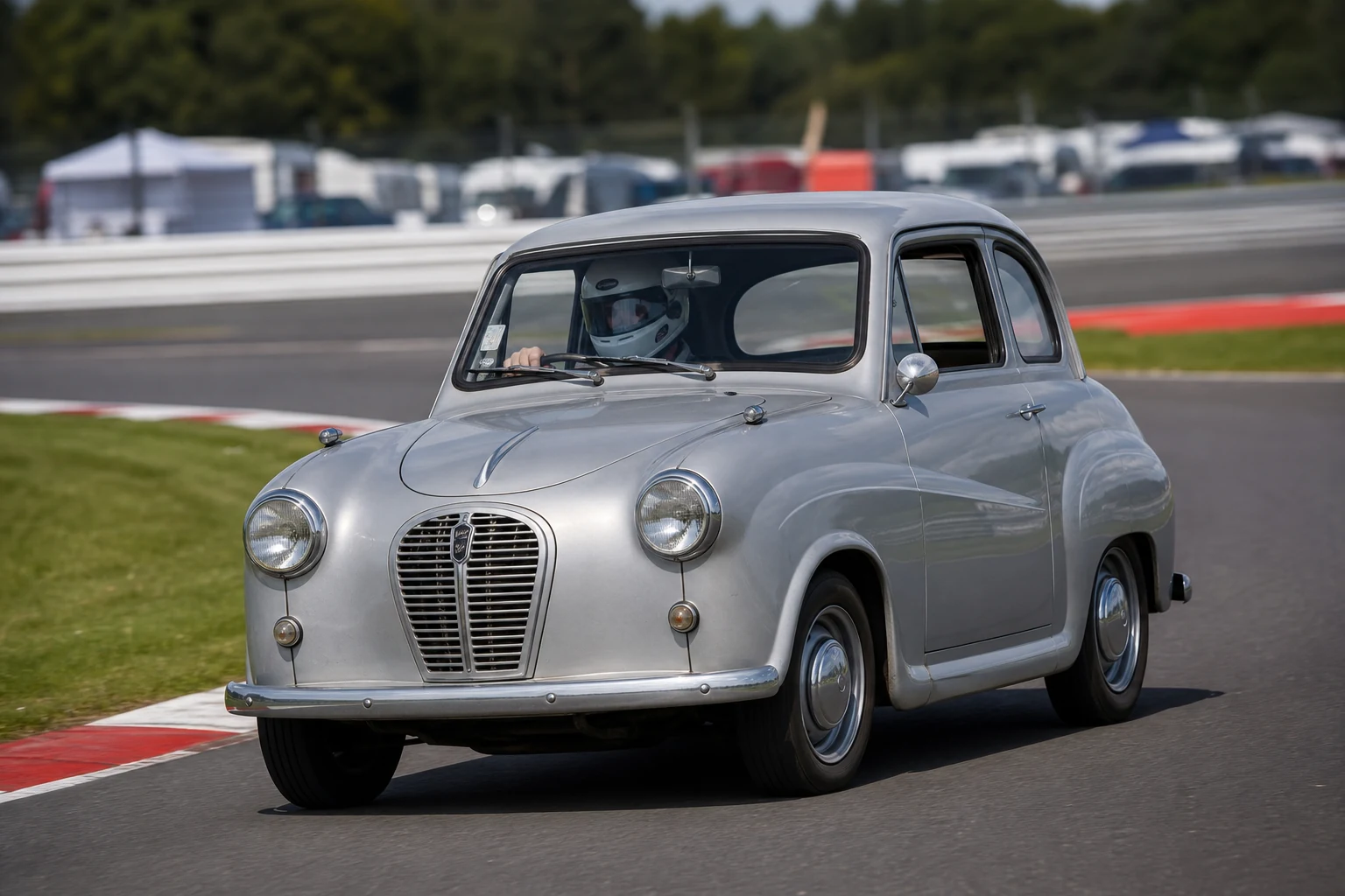 Austin A35 on track with a helmeted driver