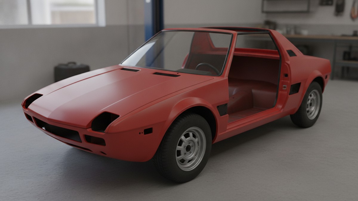 Red Bertone X1/9 in a workshop with the door open and the interior fully stripped to bare floor, ready for bucket seats