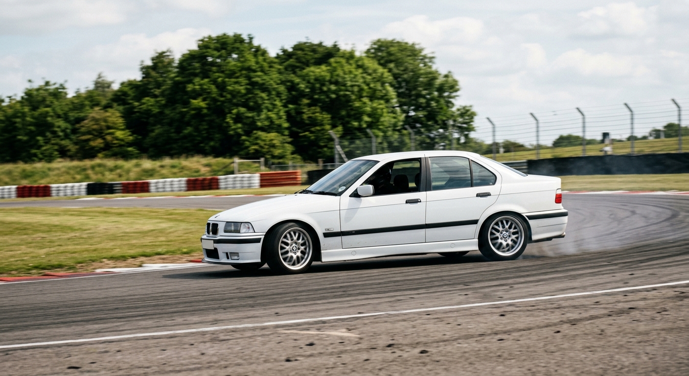 White BMW 3 Series E36 Sedan cornering on a British race circuit
