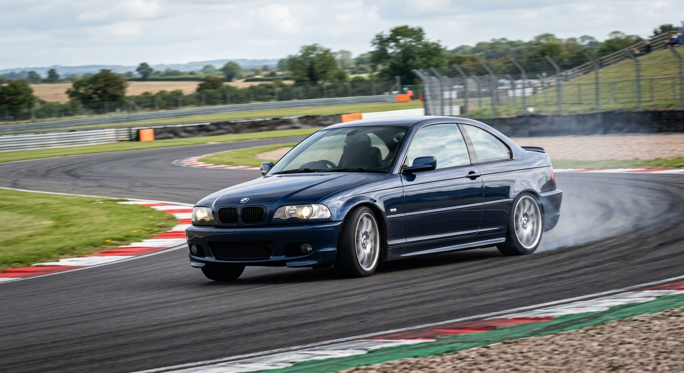 Dark blue BMW 3 Series E46 coupe cornering on a British race circuit
