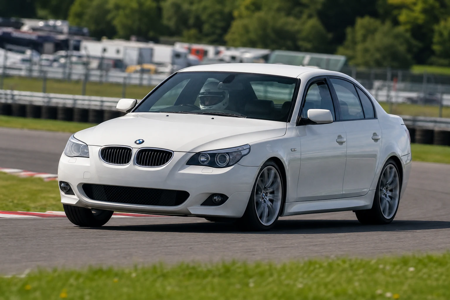 BMW 5 Series E60 on track with a helmeted driver
