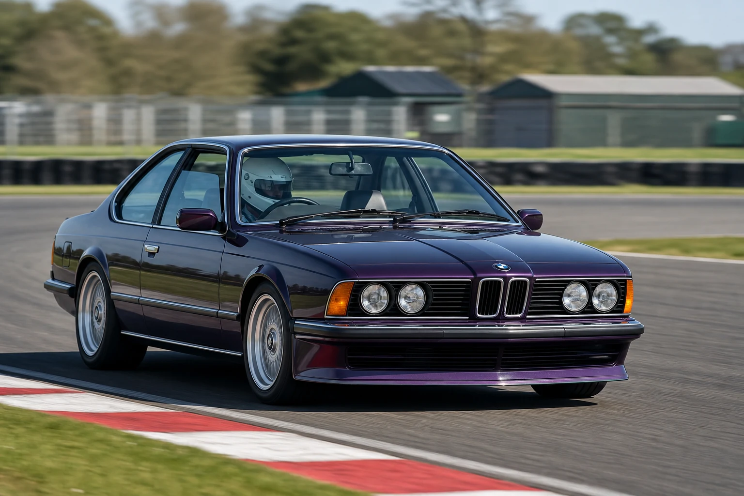 BMW 6 Series E24 on track with a helmeted driver