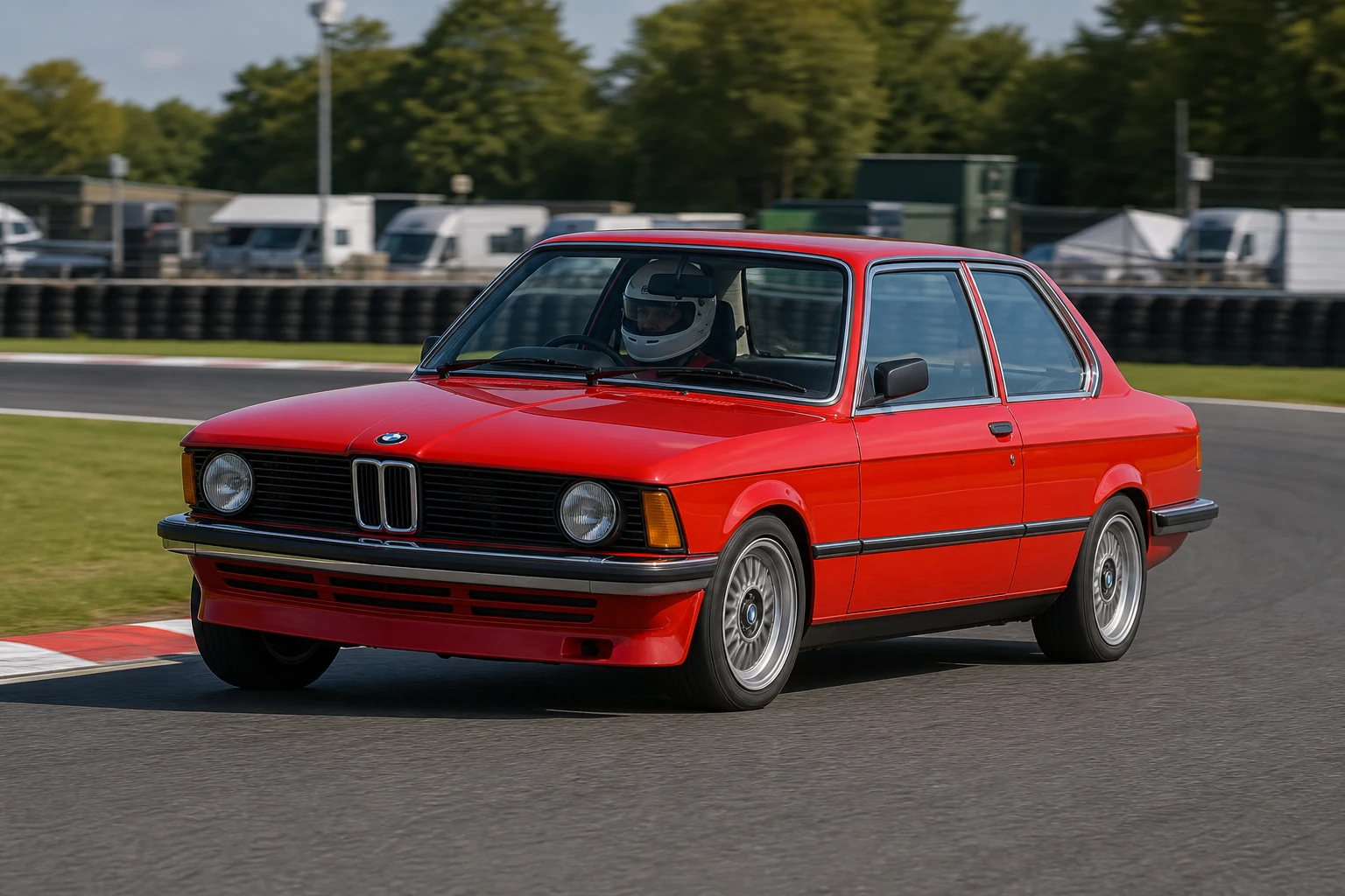 BMW E21 on track with a helmeted driver