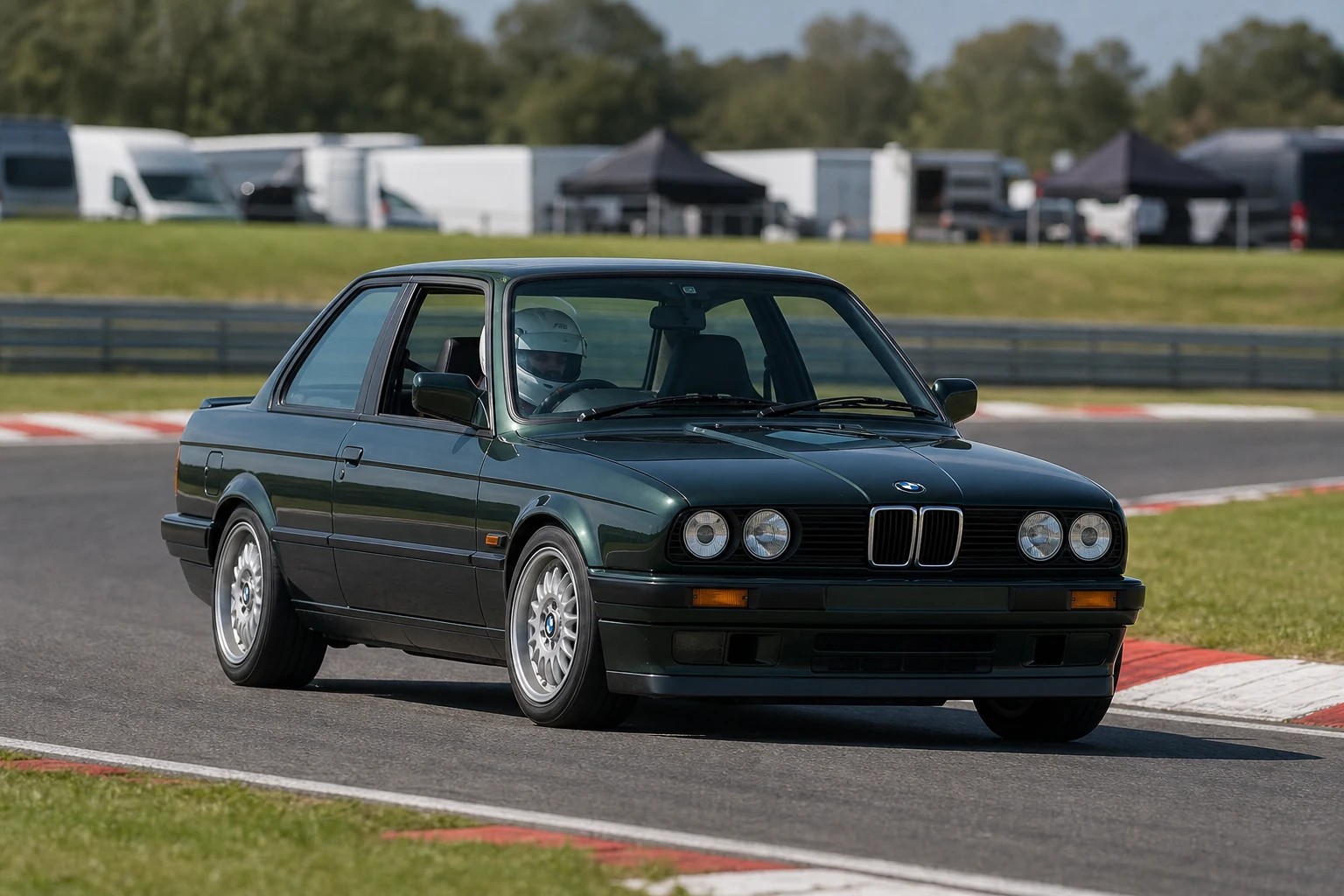 BMW E30 on track with a helmeted driver