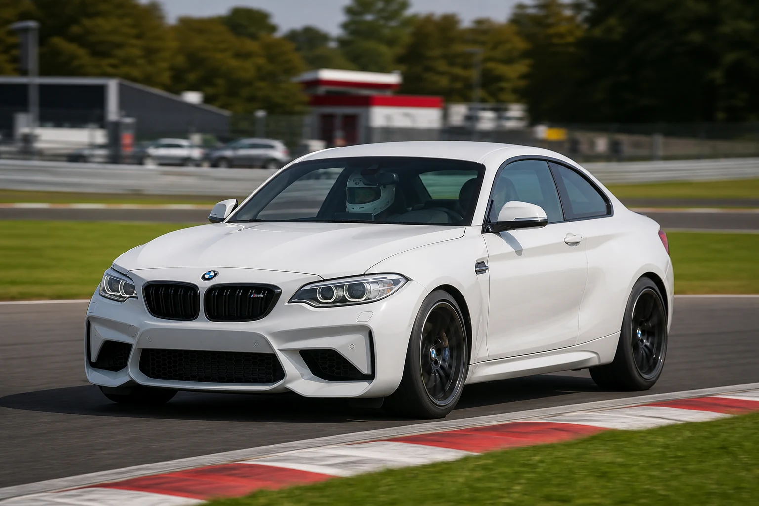 BMW F87 on track with a helmeted driver