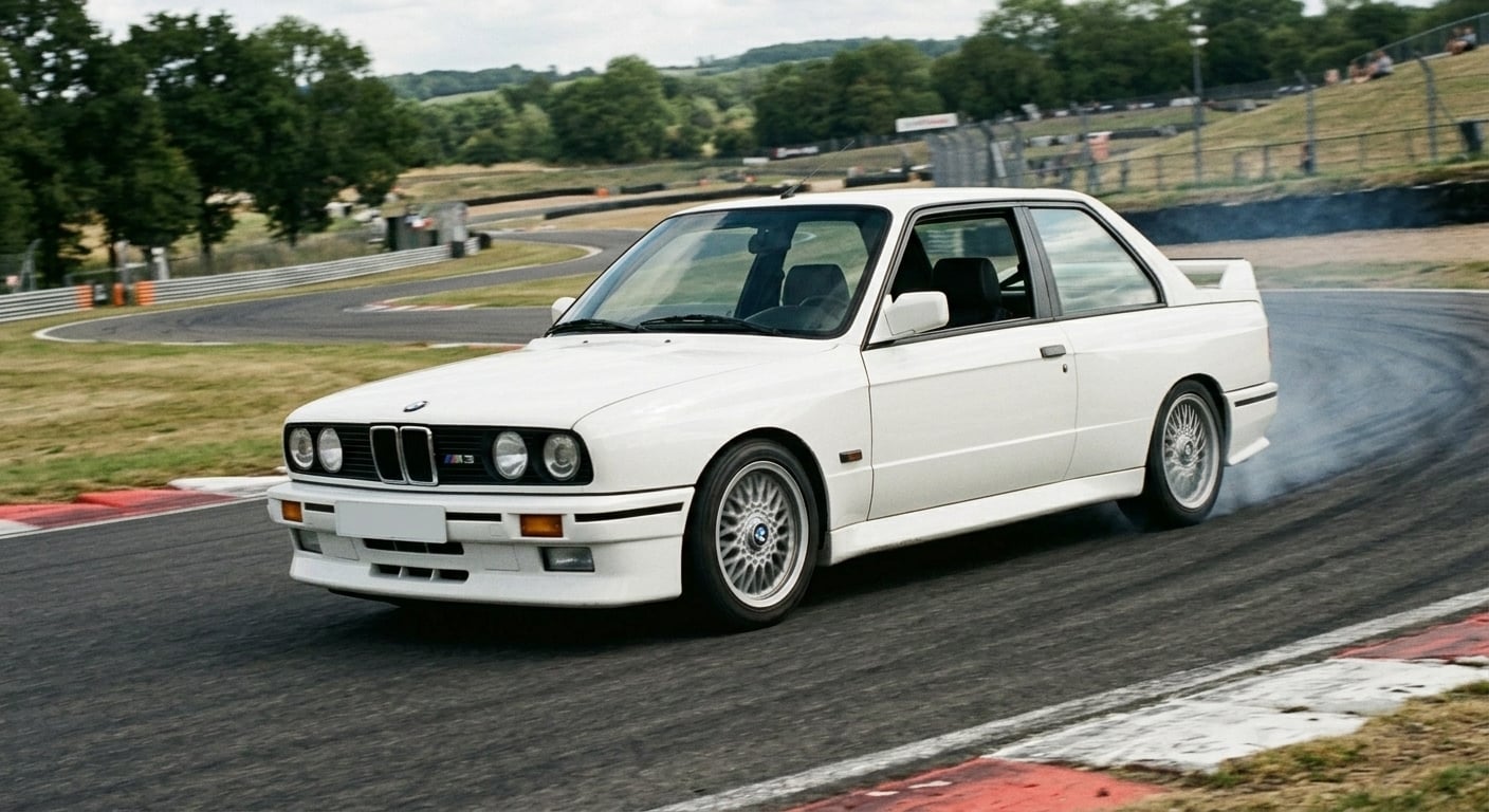 White BMW M3 E30 cornering on a British race circuit