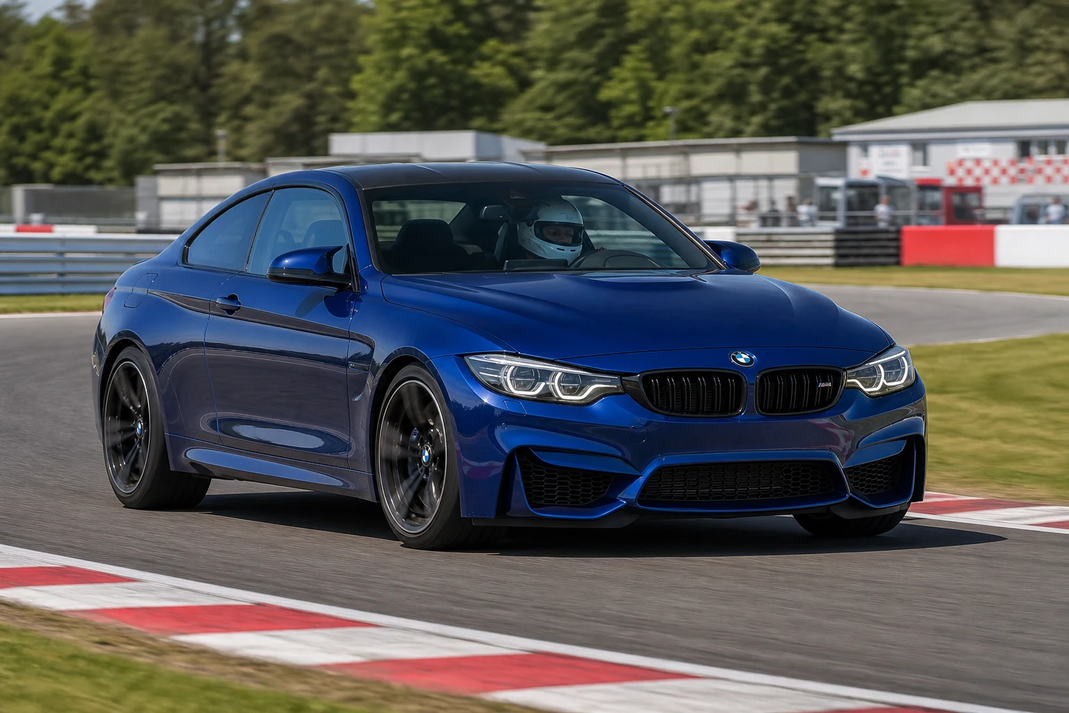 BMW M4 on track with a helmeted driver