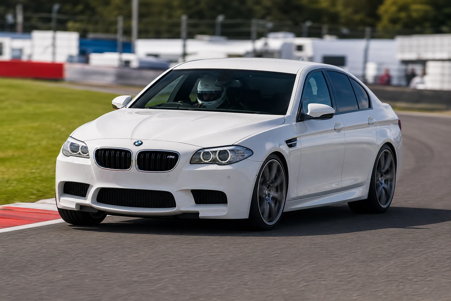 BMW M5 (F10) on track with a helmeted driver