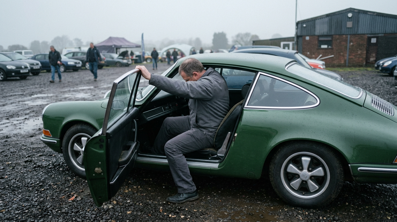 Driver lowering himself into a green classic sports coupe through a narrow door in a damp club paddock
