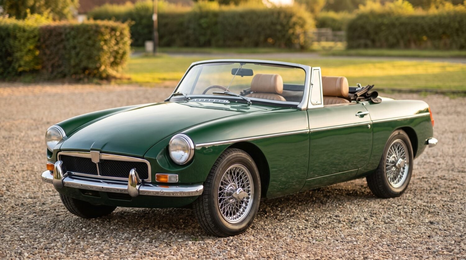 British racing green classic roadster parked at an English classic car meet in evening light
