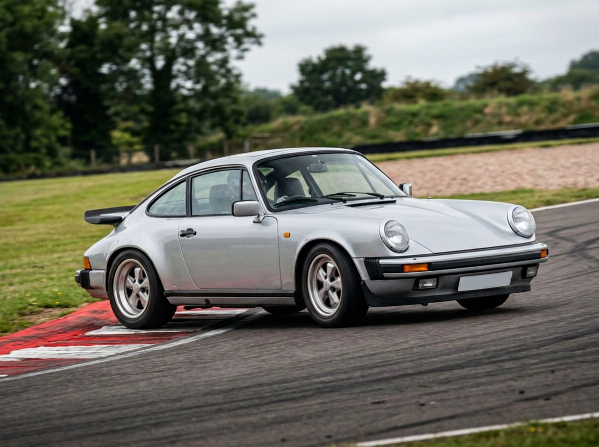 Silver classic Porsche 911 G-body cornering on a British race circuit