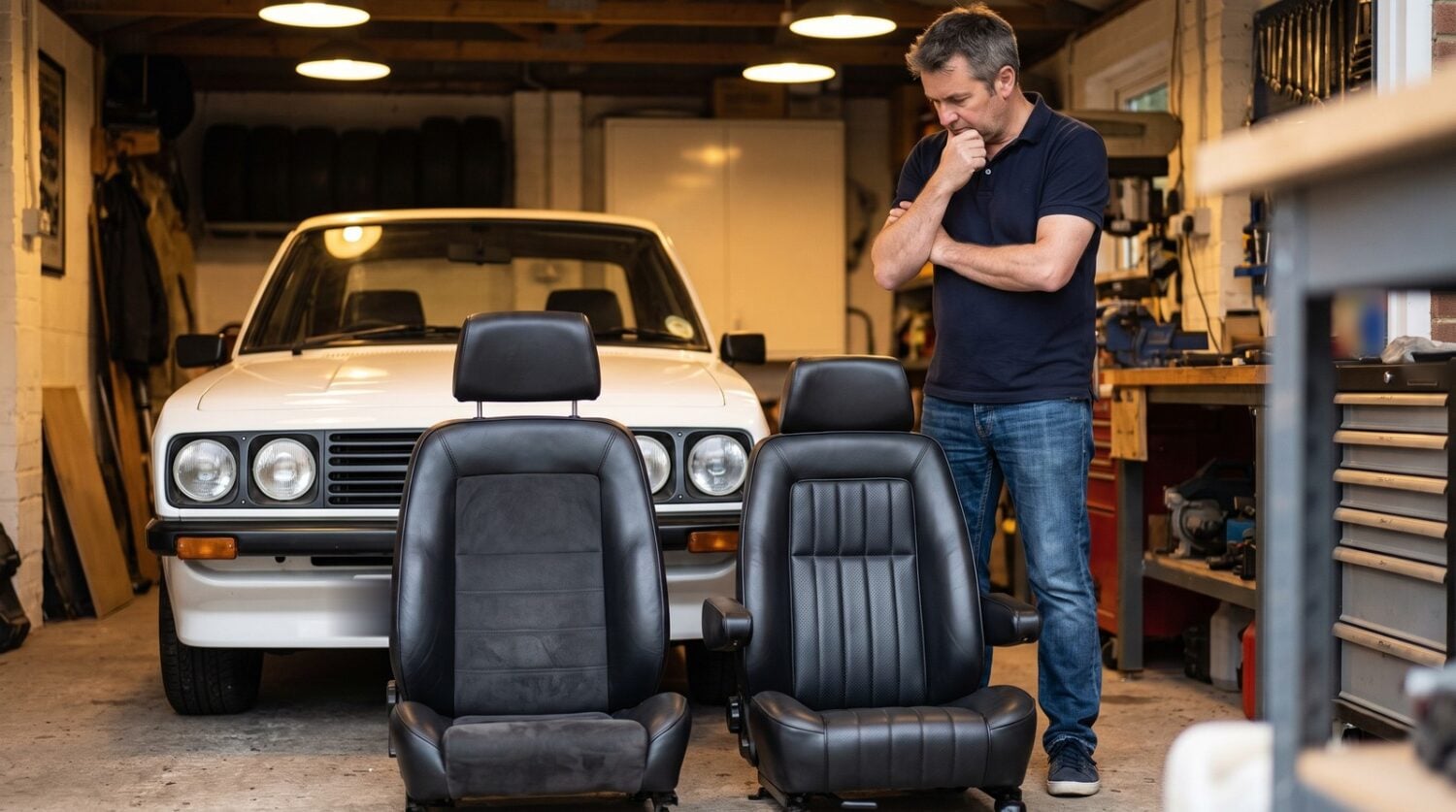 A man deciding between two classic reclining sport seats in his garage with a white Ford Escort Mk2 behind