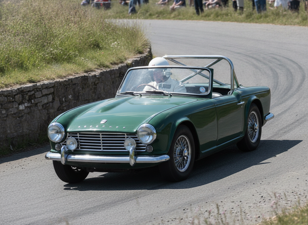 A classic 1960s British sports car competing on a hillclimb course with a roll cage visible through the open cockpit