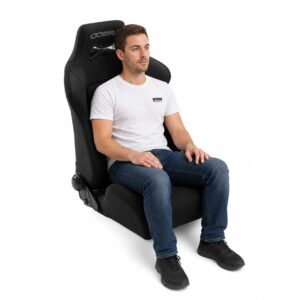 Person seated in Cobra Daytona Reclining Office Seat showing real-world seat size and fit – GSM Performance